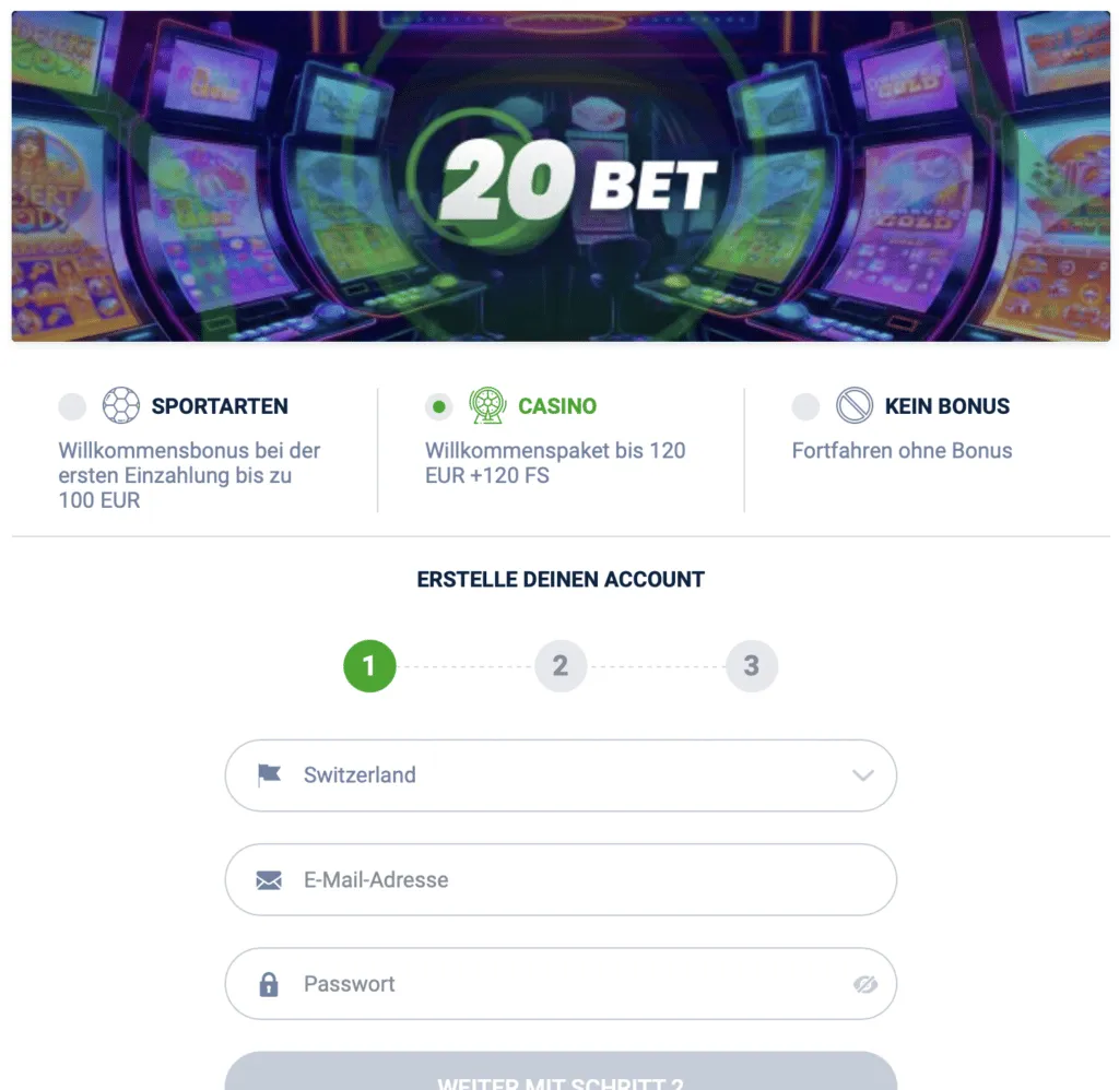 20bet Casino Registrierungsschritte