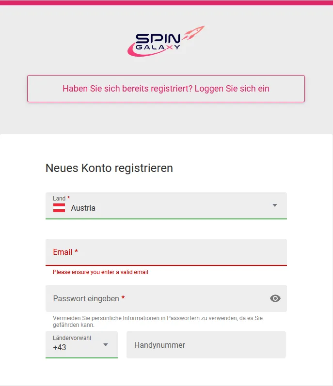 SpinGalaxy Casino Anmeldung