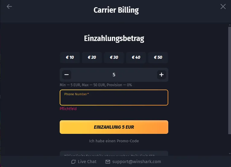 Winshark Casino - Mit Handyrechnung bezahlen via Magenta Casino