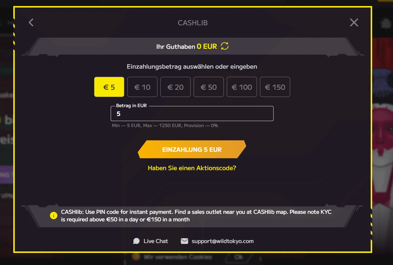 Wild Tokyo Casino - Einzahlung mit Cashlib