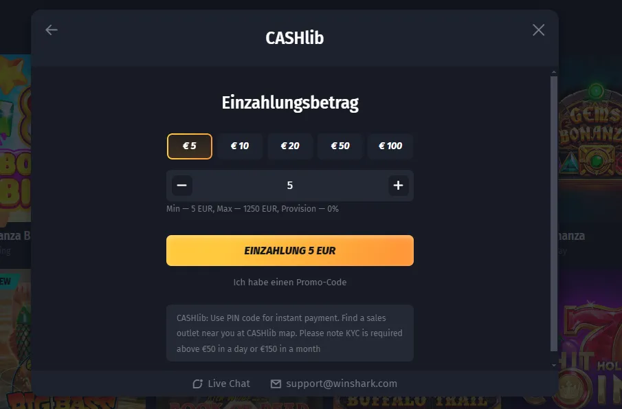 Winshark Casino - Einzahlung mit Cashlib