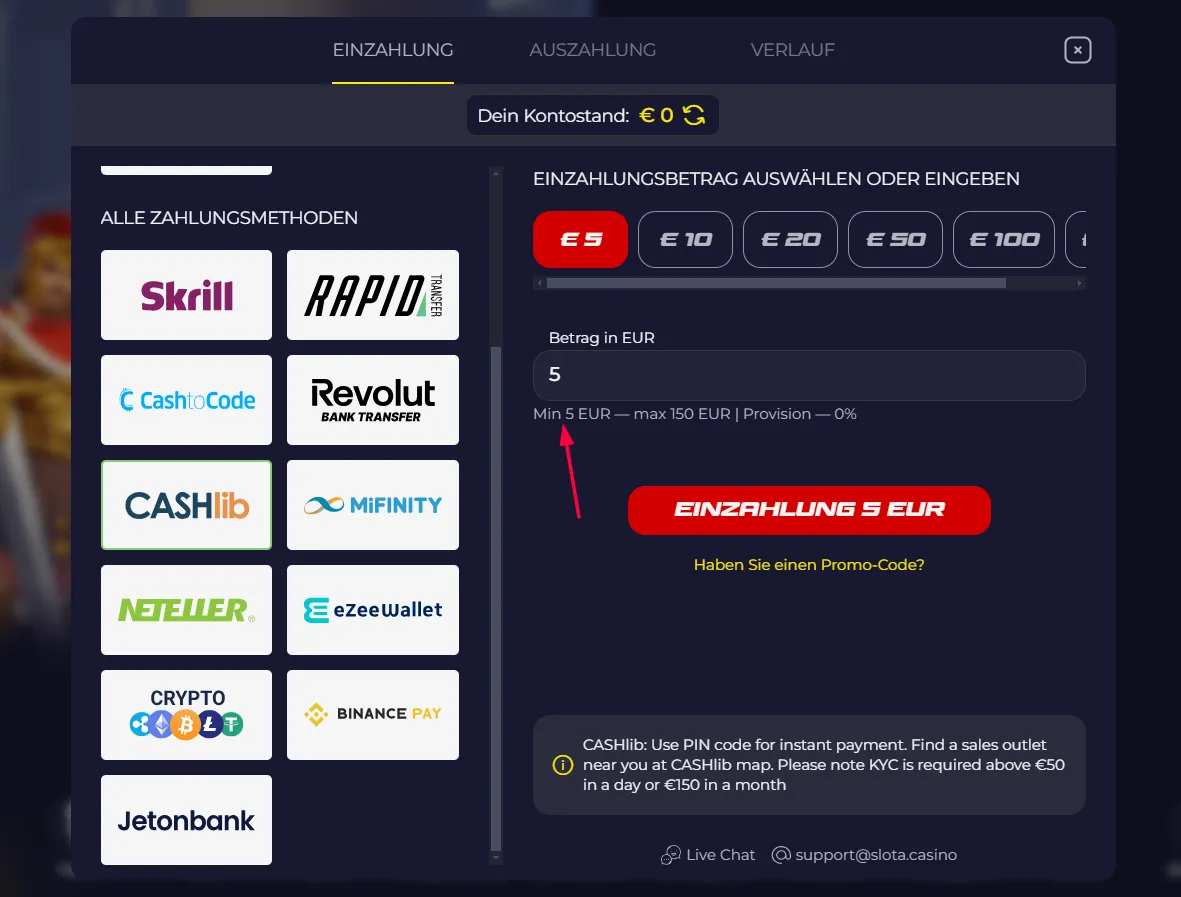 Slota Casino - Einzahlung mit Cashlib