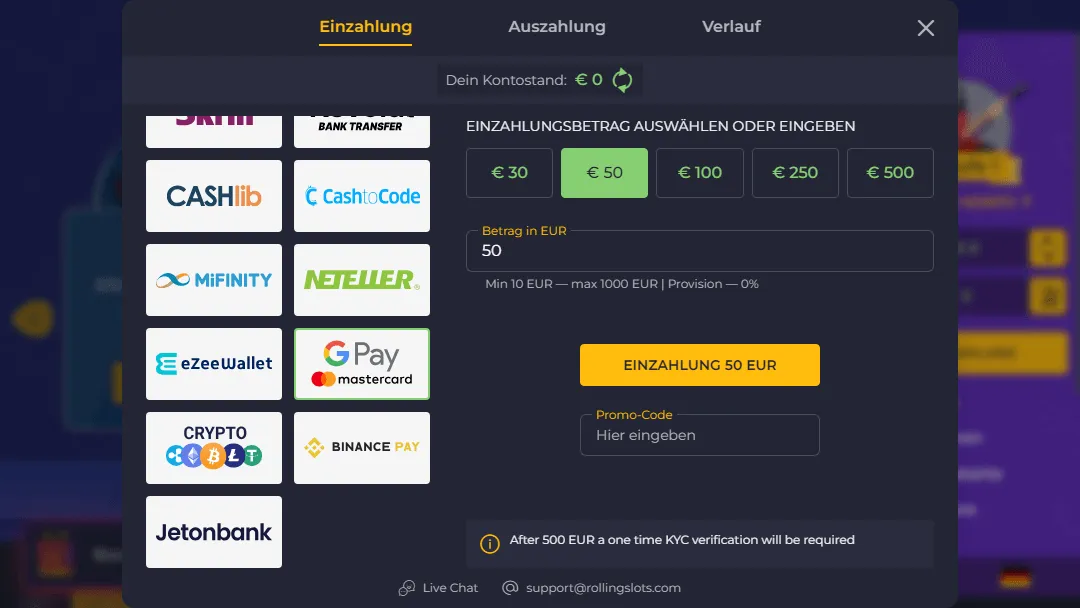 Einzahlung mit Google Pay im Rolling Slots Casino