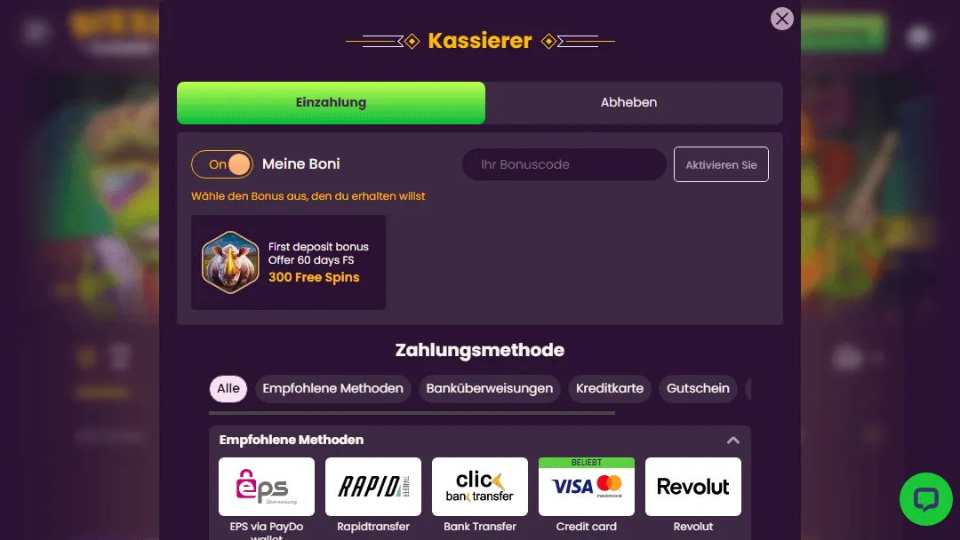 Bizzo Einzahlungsmenu