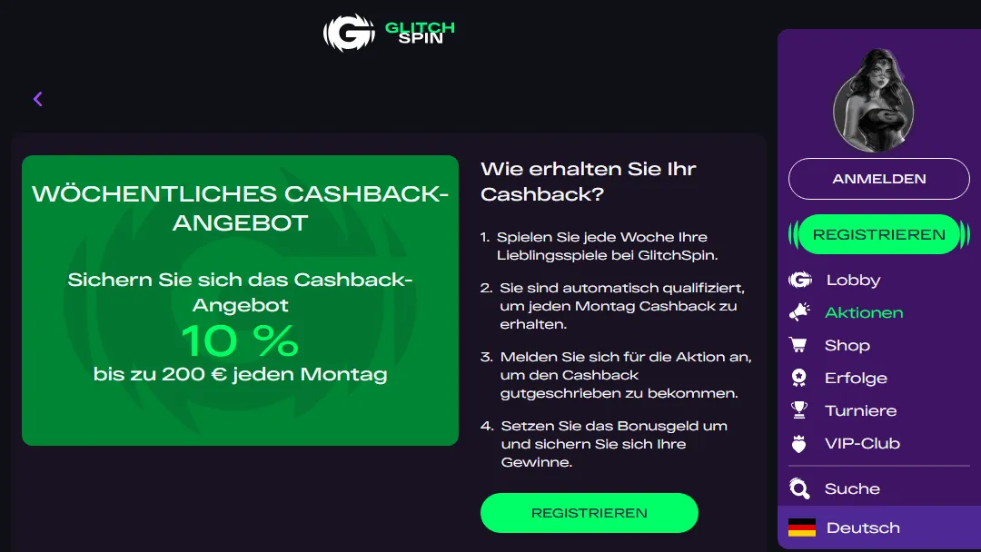 Glitchspin Wöchentliches Cashback-Angebot Banner
