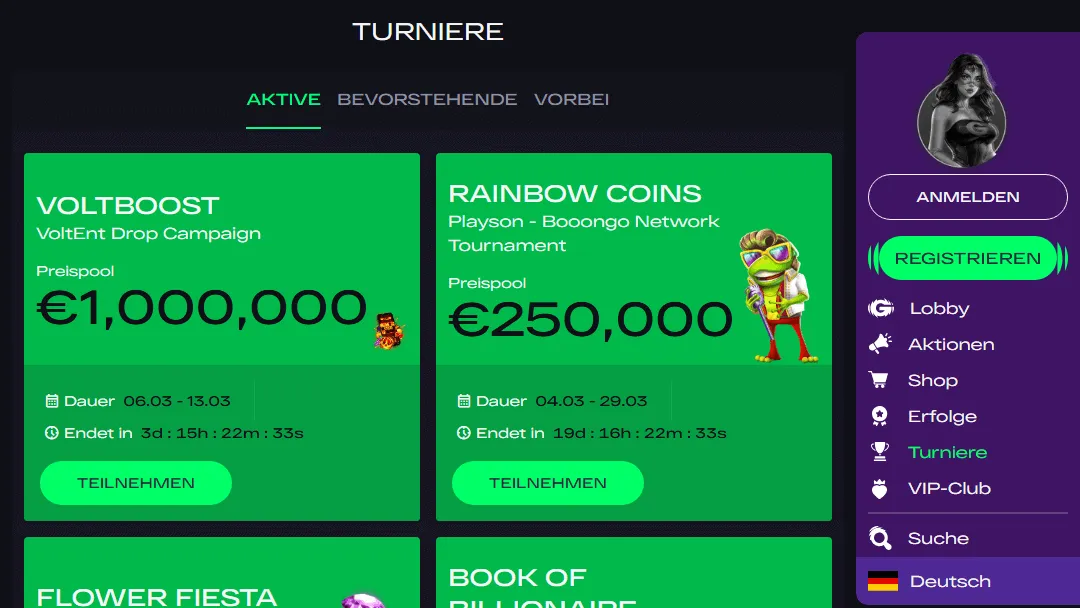 Banner der laufenden Turniere bei GlitchSpin