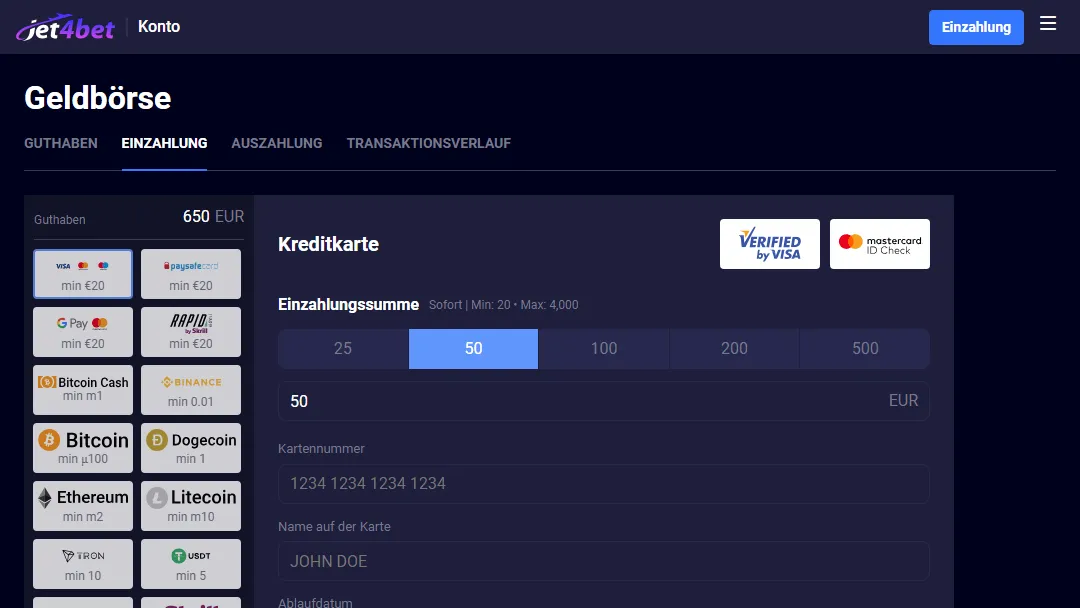 Jet4Bet Casino Einzahlungsmöglichkeiten und persönliche Datenfelder