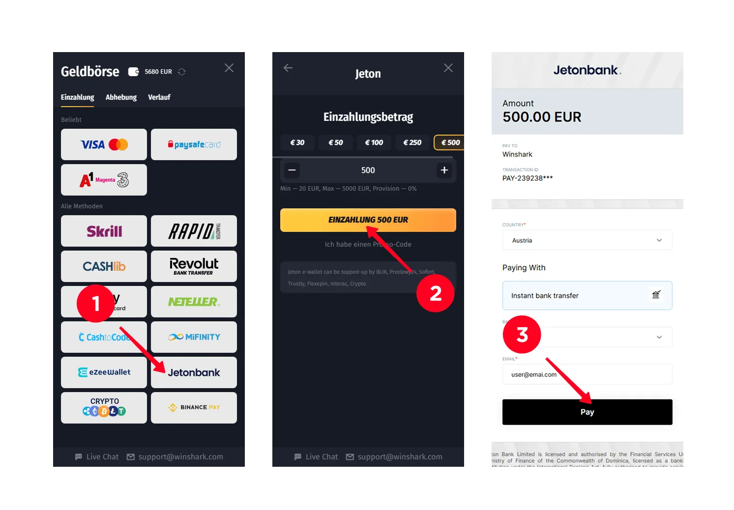Einzahlung mit Jeton im Winshark Casino