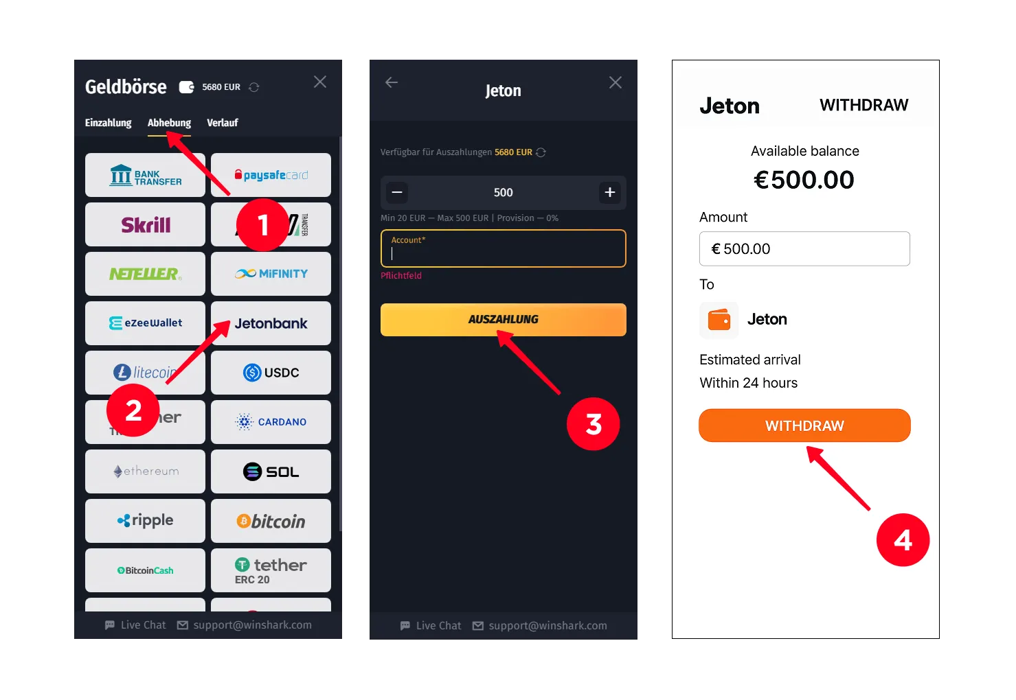 Auszahlung von Winshark-Gewinnen mit Jeton