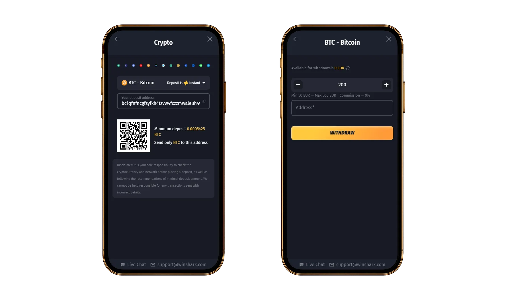 Mobile Ansicht für BTC-Transaktionen im Casino mit Einzahlungsadresse, QR-Code und Auszahlungsformular