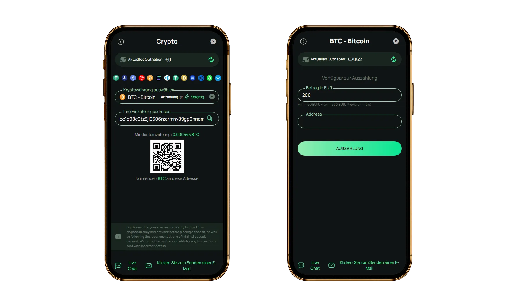 Mobile Benutzeroberfläche zur Bitcoin-Einzahlung mit Wallet-Adresse und QR-Code sowie Auszahlungsmaske mit Betragseingabe.