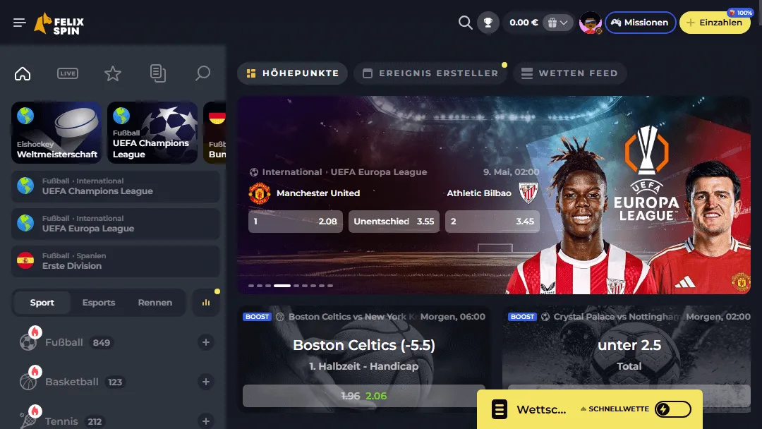 UEFA Europa League Wettquoten für Manchester United gegen Athletic Bilbao auf der Felix Spin Online-Sportwetten-Seite