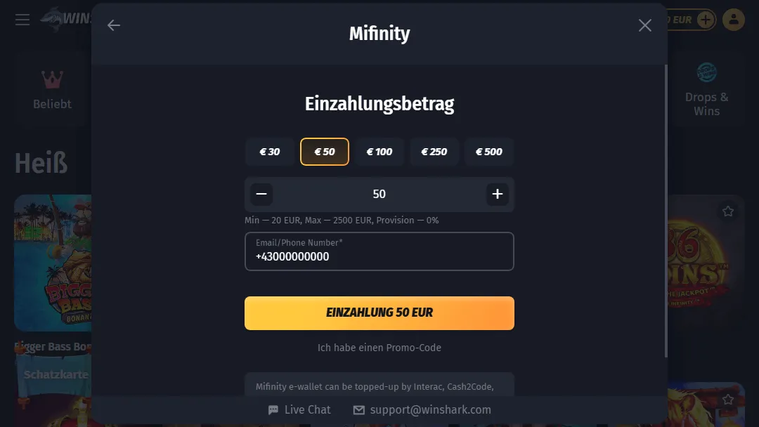 Einzahlungsfenster mit Mifinity bei WinShark Casino – Auswahlmöglichkeiten für €30, €50, €100, €250 und €500, Telefonnummernfeld mit österreichischer Vorwahl +43, gelber Button mit der Aufschrift ‚Einzahlung 50 EUR