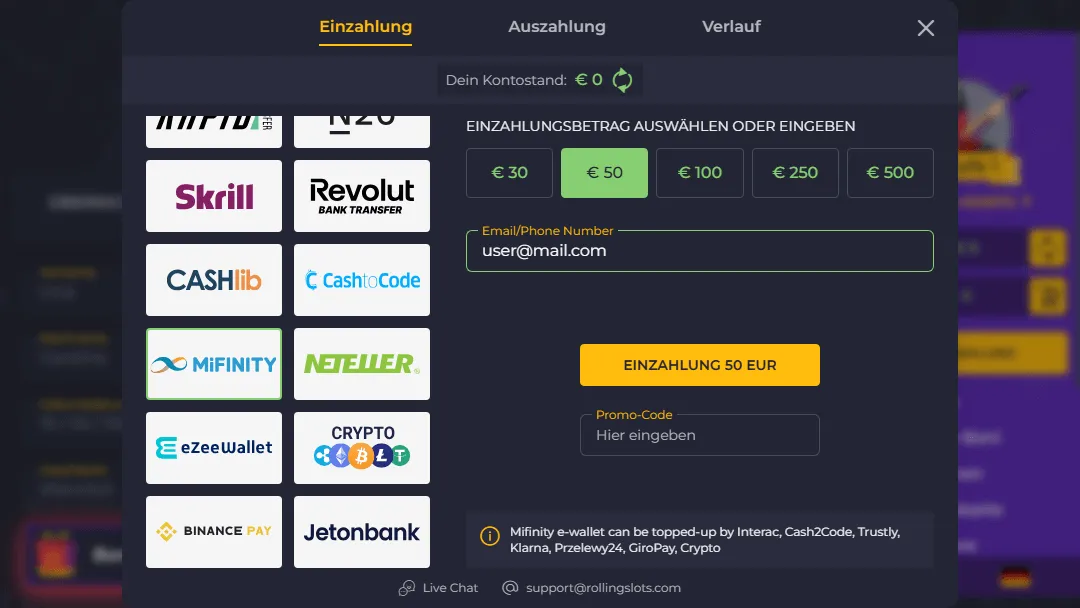 Einzahlungsseite bei RollingSlots mit Auswahl verschiedener Zahlungsmethoden wie Mifinity, einzahlungsbetrag von €50 ist ausgewählt, ein Feld für E-Mail oder Telefonnummer ist ausgefüllt.