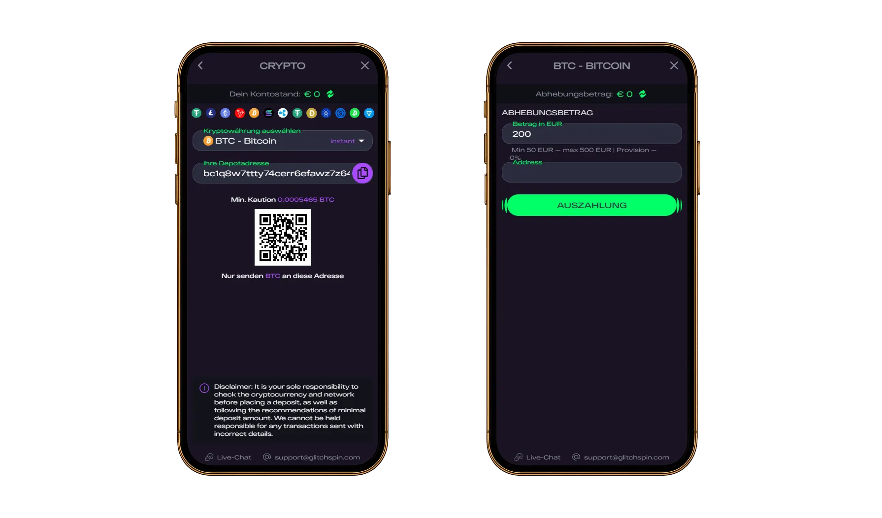 Mobile Oberfläche zur Bitcoin-Einzahlung mit Wallet-Adresse und QR-Code sowie Auszahlungsmaske mit Eingabefeldern und Button.