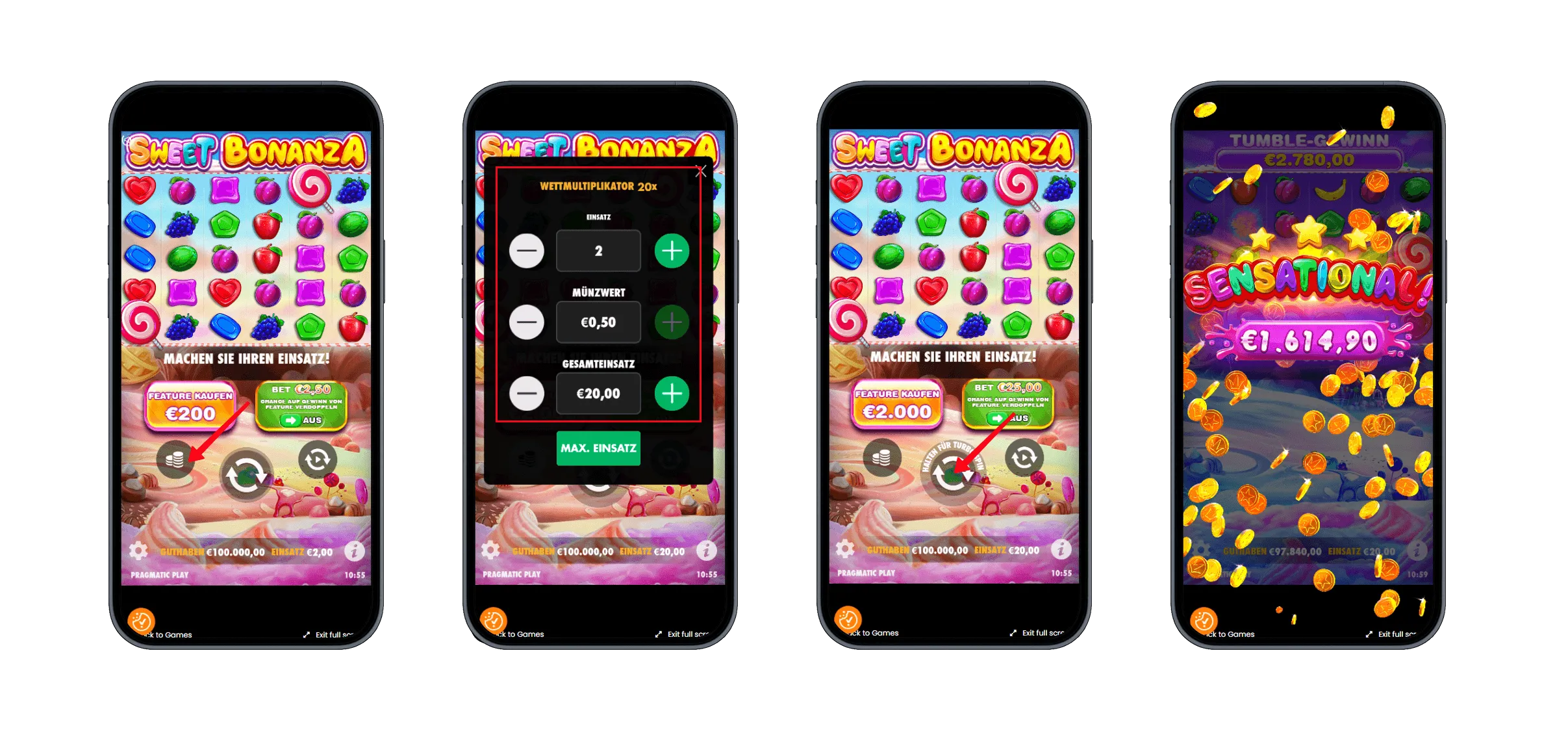 Vier Screenshots des Sweet Bonanza Slots, die Einsatzanpassung, Spielstart und einen großen Gewinn zeigen
