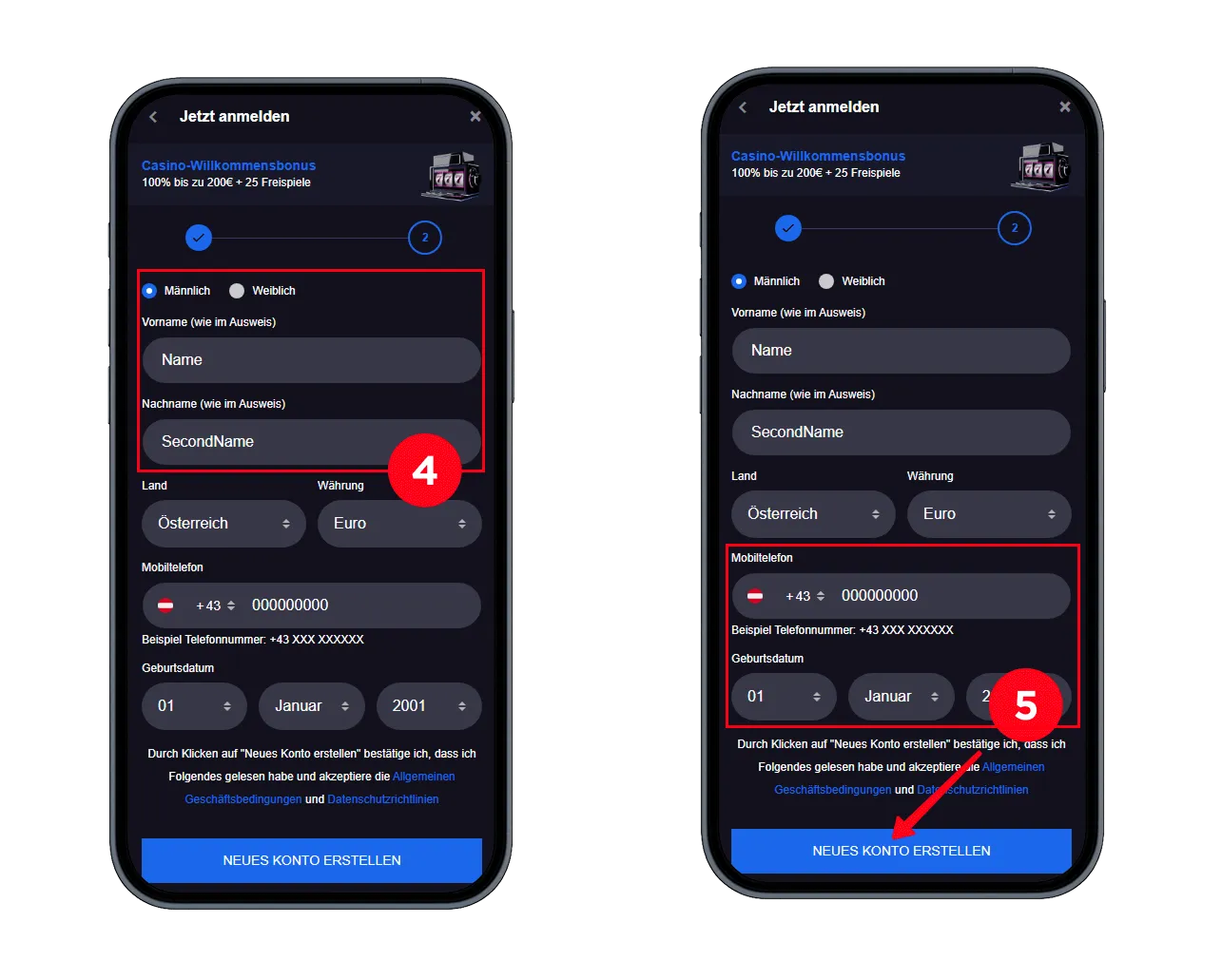 Ein Mobiltelefonbildschirm zeigt ein Anmeldeformular, das nach persönlichen Informationen wie Name, Telefonnummer und Geburtsdatum fragt