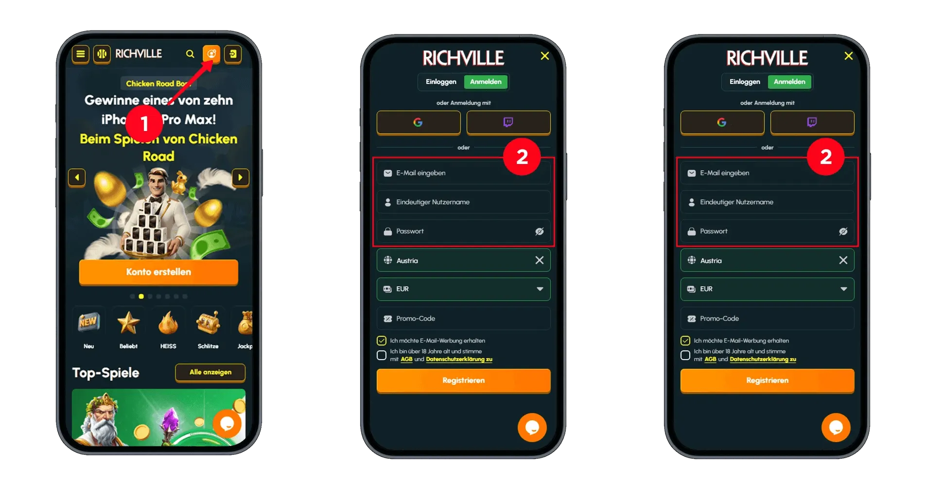Die Anmeldeseite des Richville Casinos, auf der der Benutzer seine E-Mail, Benutzername, Passwort eingeben und Land sowie Währung auswählen kann