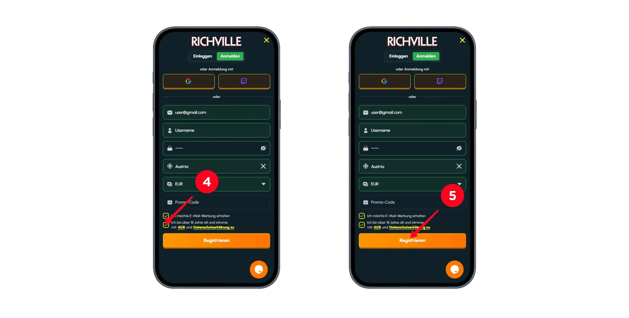 Das Anmeldeformular des Richville Casinos mit persönlichen Angaben und der Option, den Geschäftsbedingungen zuzustimmen und E-Mail-Marketing zu erhalten