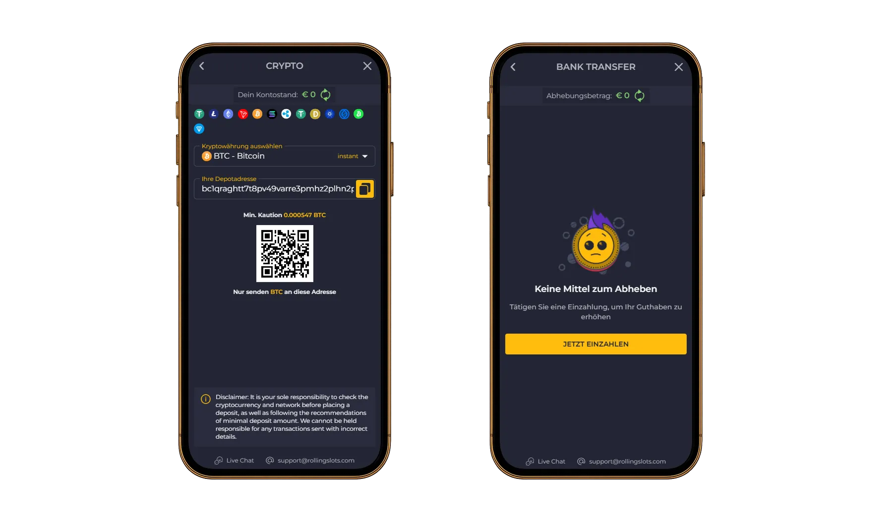 Mobile Anzeige zur Bitcoin-Einzahlung mit QR-Code und Warnmeldung bei Bankauszahlung ohne verfügbares Guthaben