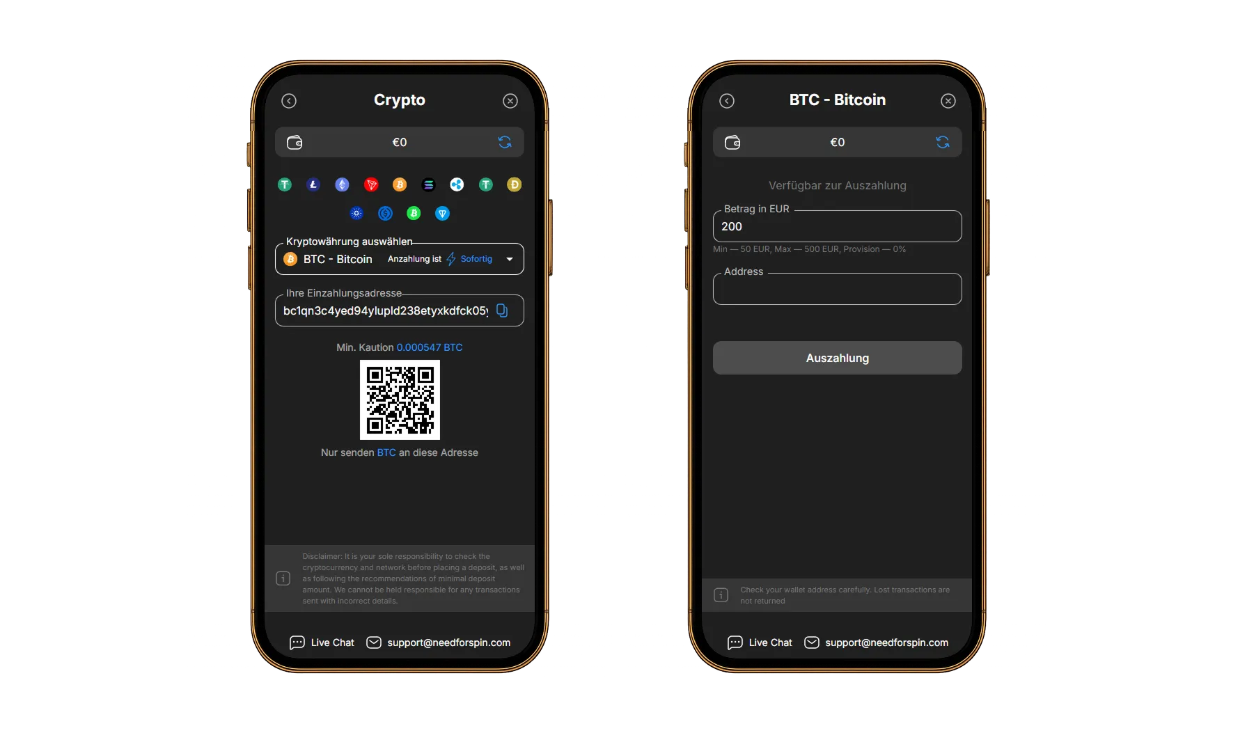 Zwei Smartphone-Bildschirme zeigen die Benutzeroberfläche von Need for Spin Casino für Bitcoin-Transaktionen. Links ist die Krypto-Einzahlungsseite mit Bitcoin-Wallet-Adresse, QR-Code und einer Mindestkaution von 0,000547 BTC dargestellt. Rechts sieht man