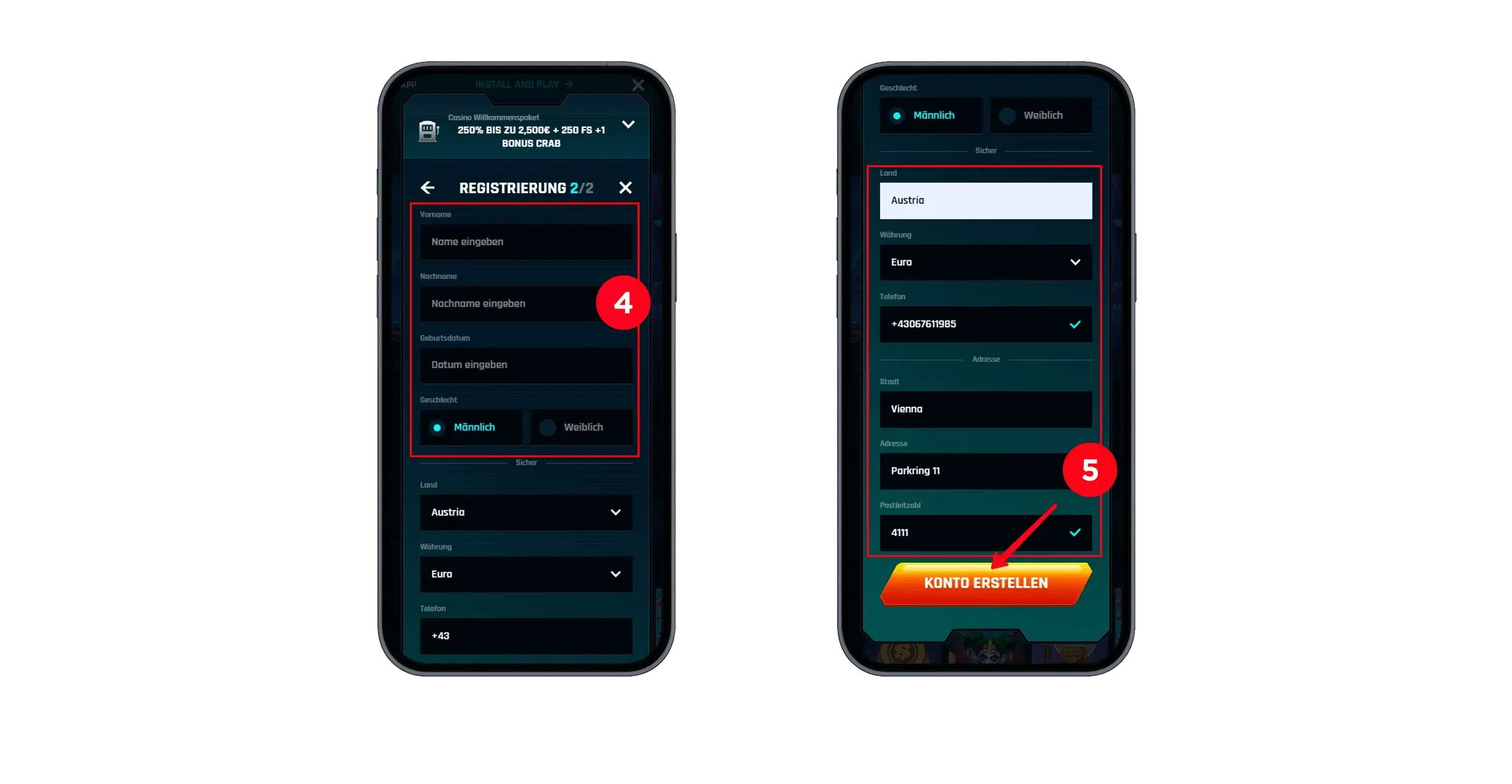 Eingabe von Name, Geburtsdatum, Adresse und Telefonnummer und Tippen auf ‚Konto erstellen‘.