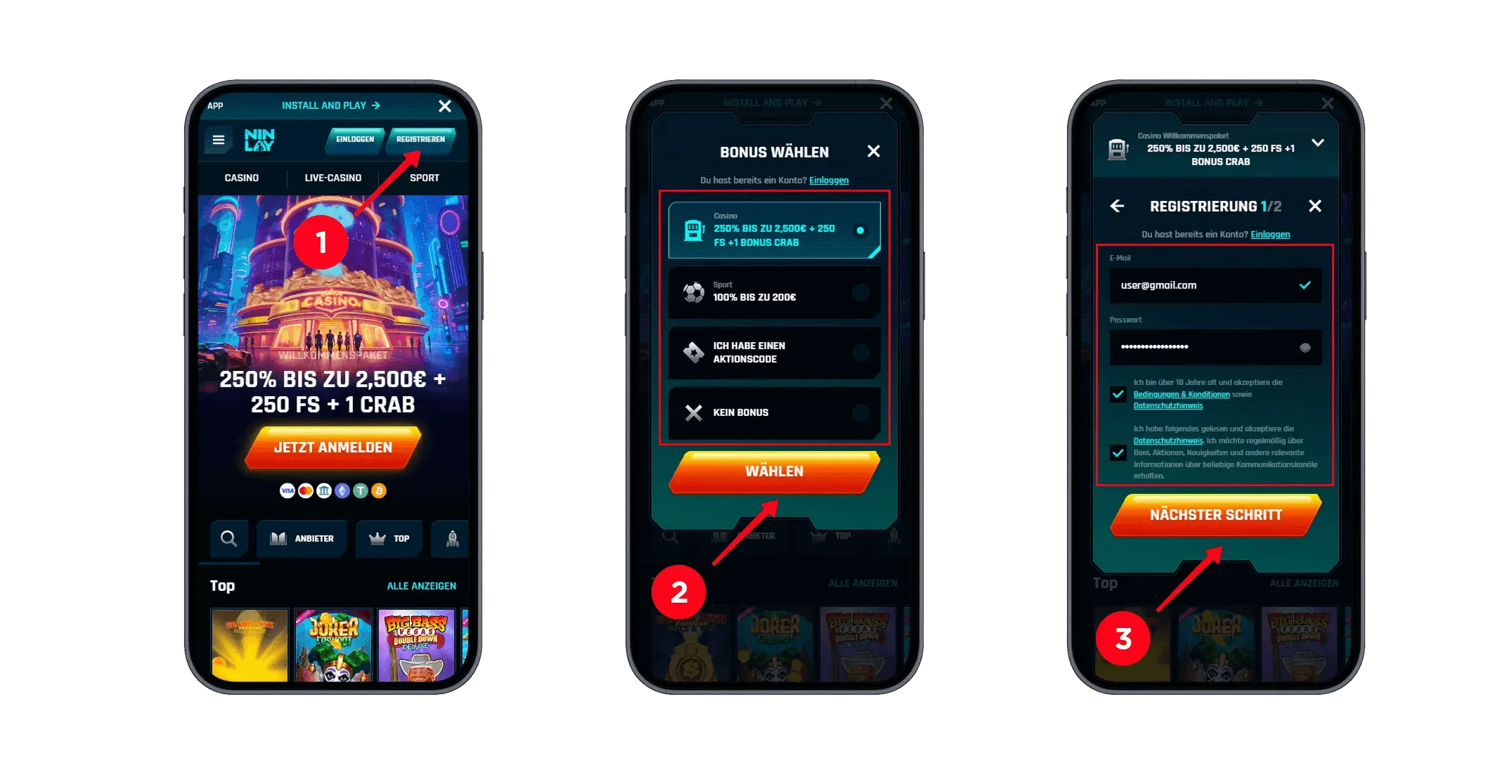 Schritt-für-Schritt Anleitung zur Registrierung bei Ninlay Casino auf dem Handy – Bonusauswahl, E-Mail und Passwort eingeben