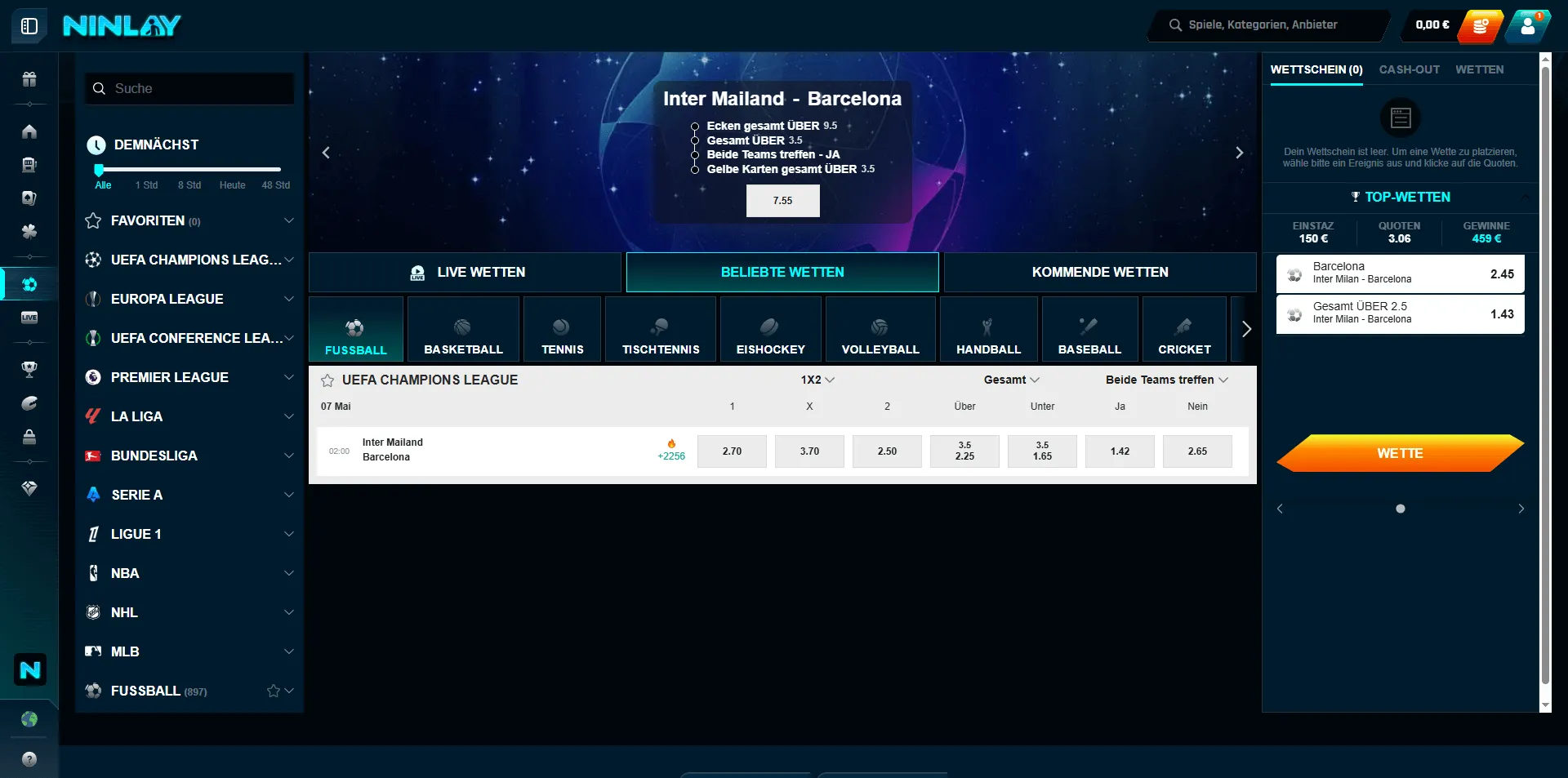 Quoten für das UEFA-Champions-League-Spiel Inter Mailand gegen Barcelona
