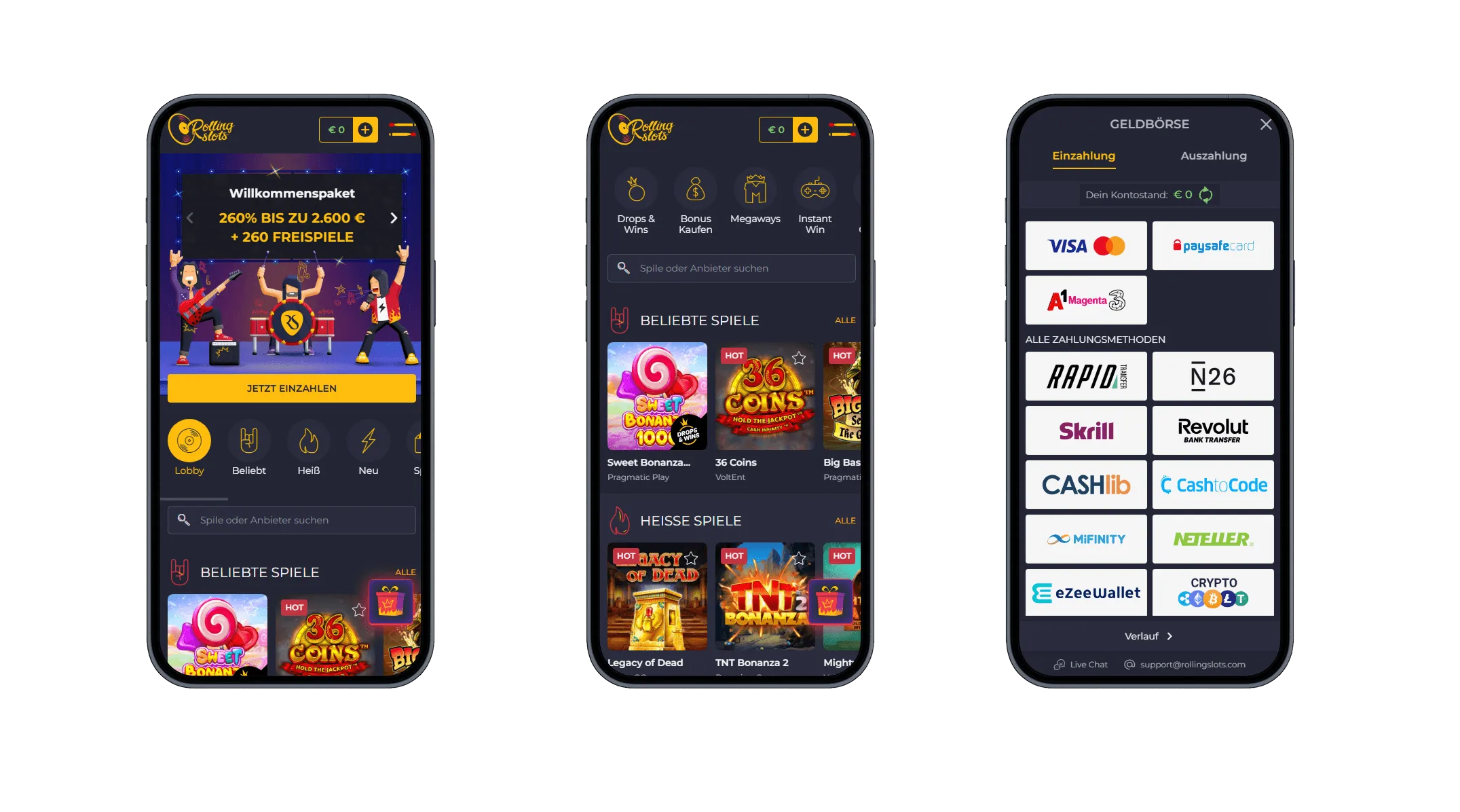 Drei Smartphone-Ansichten von Rolling Slots Casino mit einem Willkommenspaket, beliebten Spielen sowie Zahlungsarten wie Visa, A1, Revolut und Kryptowährungen.