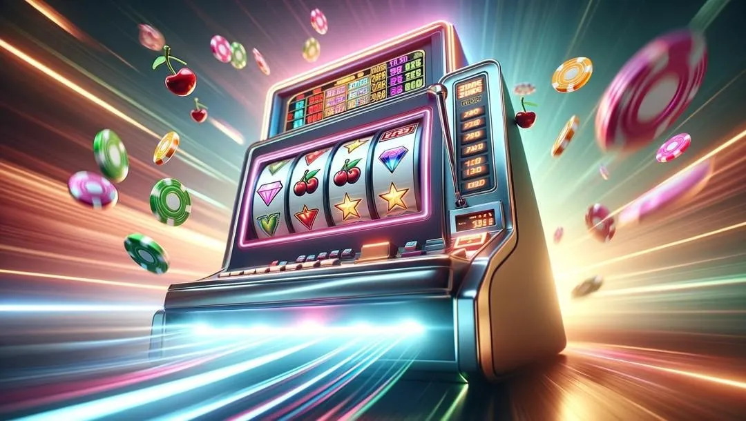 Leuchtender Spielautomat mit klassischen Symbolen wie Kirschen, Sternen und Diamanten, umgeben von fliegenden Jetons und Lichtstrahlen in einem dynamischen Casino-Design.