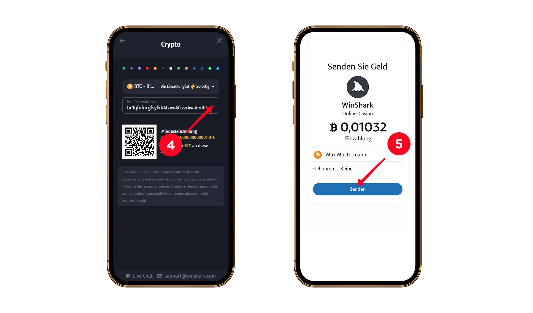 Zwei mobile Bildschirme zeigen die BTC-Zieladresse bei WinShark und den Bestätigungsschritt zur Überweisung des Einzahlungsbetrags