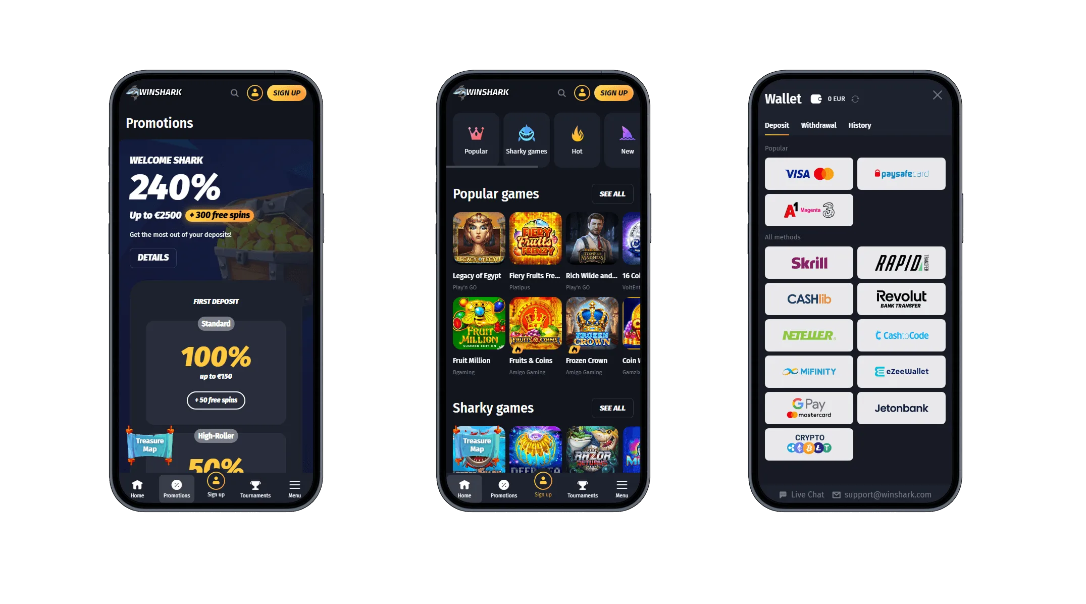 Drei Smartphone-Ansichten von WinShark Casino mit Bonusaktionen, beliebten Spielen und Zahlungsoptionen wie Visa, Skrill, A1 und Kryptowährungen.
