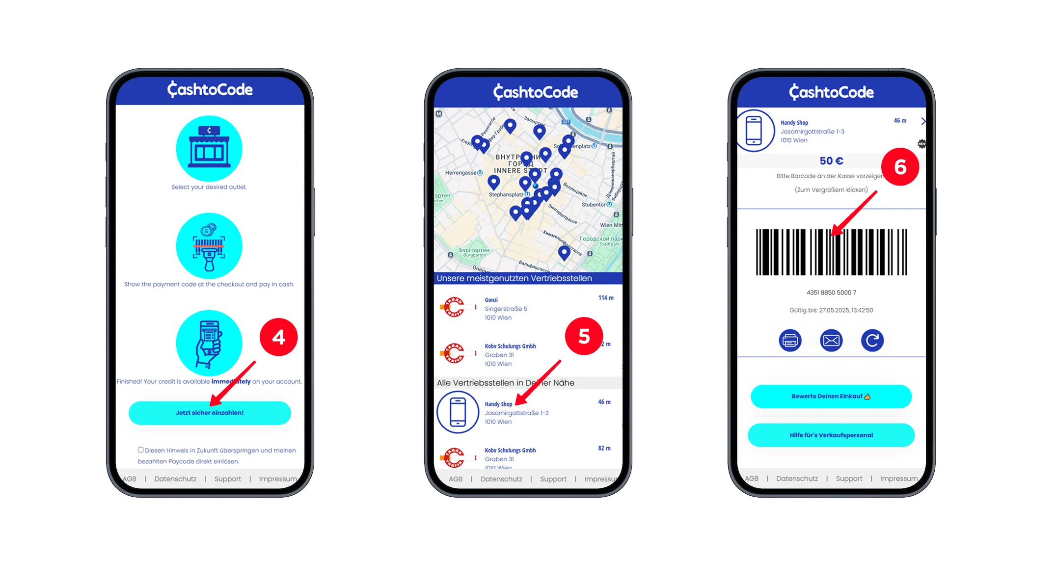 CashtoCode Einzahlung abschließen 2 CashtoCode Barcode generieren und Verkaufsstelle auswählen für Casino-Einzahlung