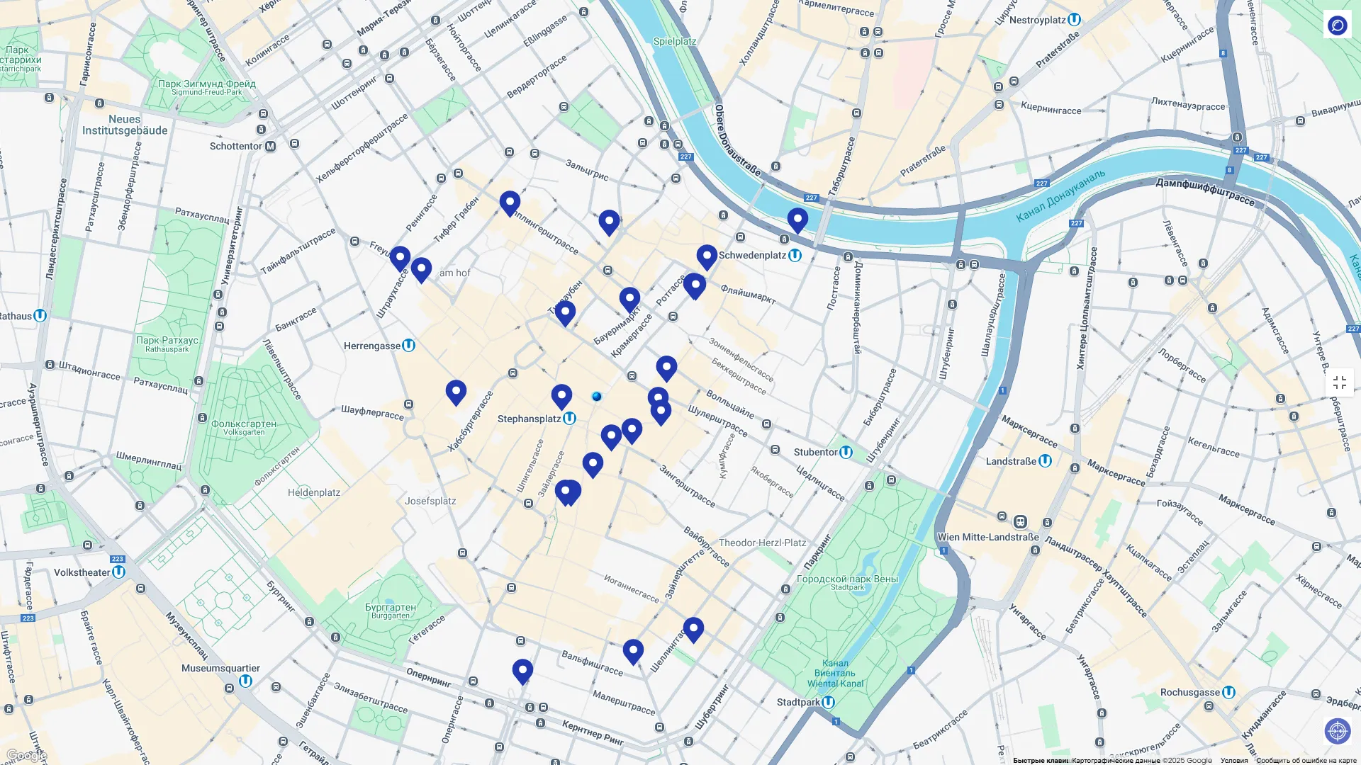 Karte mit Standorten für CashToCode-Einzahlungen in der Wiener Innenstadt, nahe Stephansplatz, Schwedenplatz und Umgebung.
