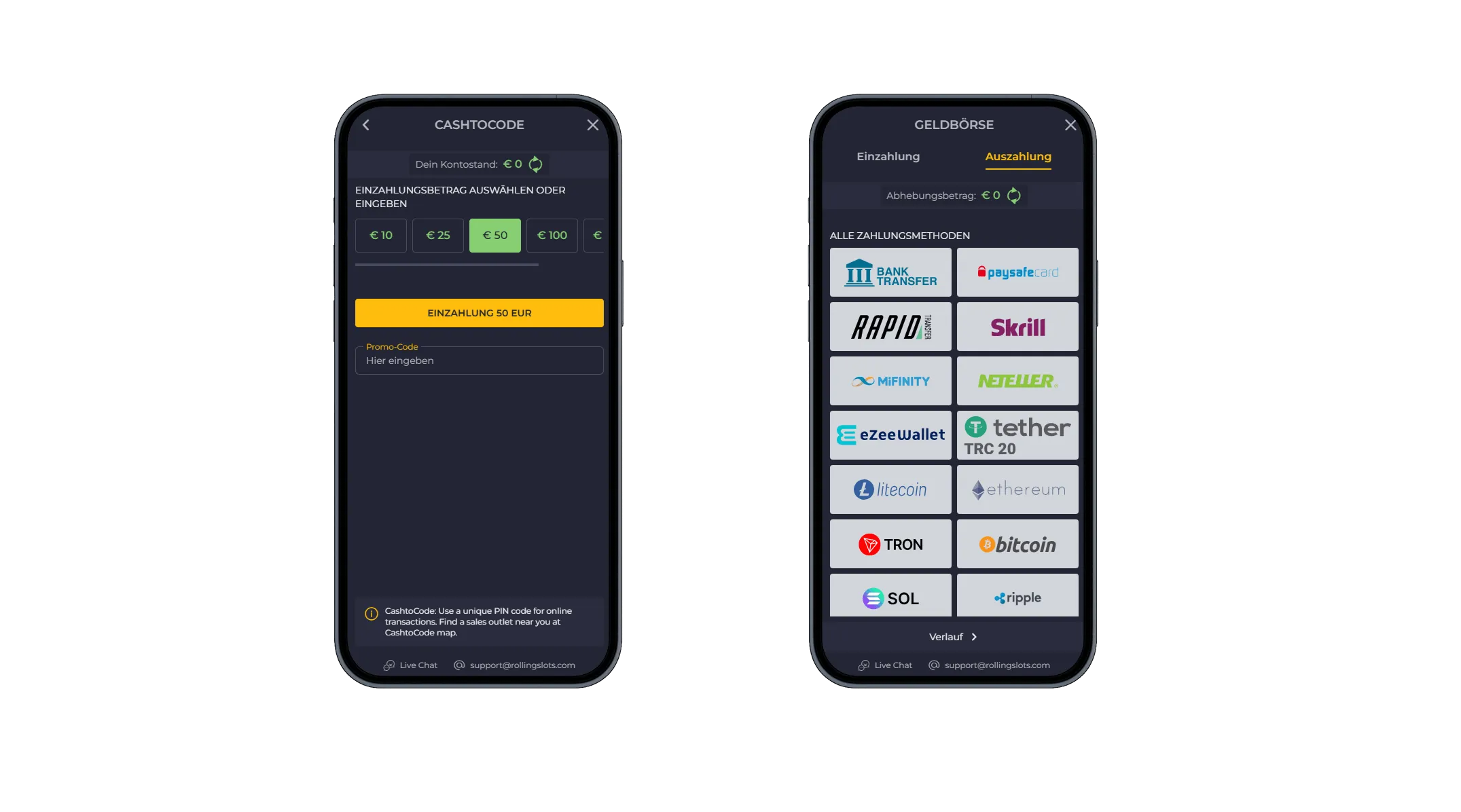 Rollingslots Casino – CashtoCode Einzahlungsauswahl und Auszahlungsmöglichkeiten Einzahlung mit CashtoCode und verfügbare Auszahlungsmethoden bei Rollingslots Casino
