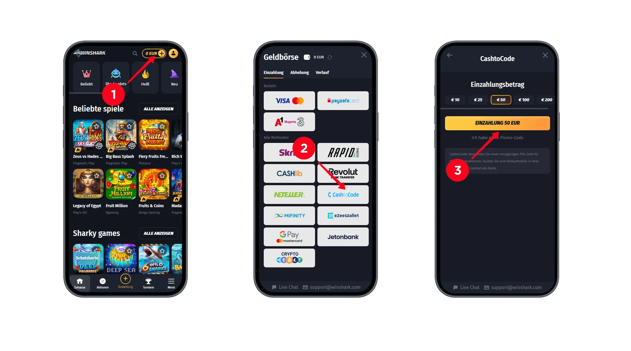Winshark Casino CashtoCode Einzahlung 1 CashtoCode Einzahlung im Winshark Casino starten – Zahlungsmethode wählen und Betrag festlegen