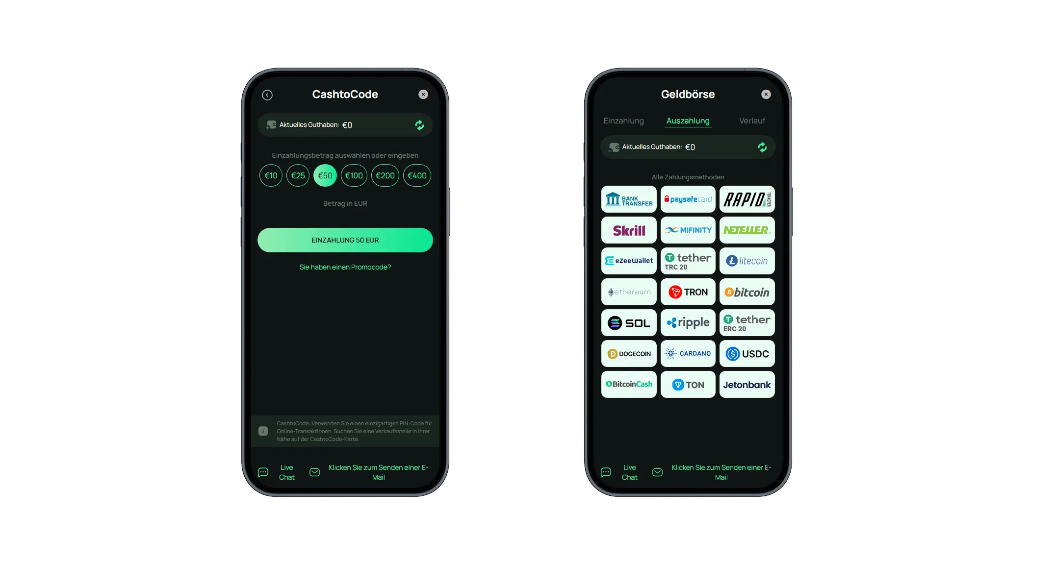 Winshark Casino – CashtoCode Einzahlung und Auszahlungsoptionen Dunkelmodus Ansicht von CashtoCode Einzahlung und verfügbaren Auszahlungsmethoden im Online Casino
