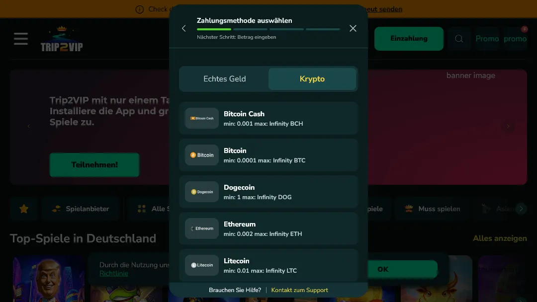 Auswahl der Kryptowährungs-Zahlungsmethoden bei Trip2VIP mit minimalen Einzahlungslimits