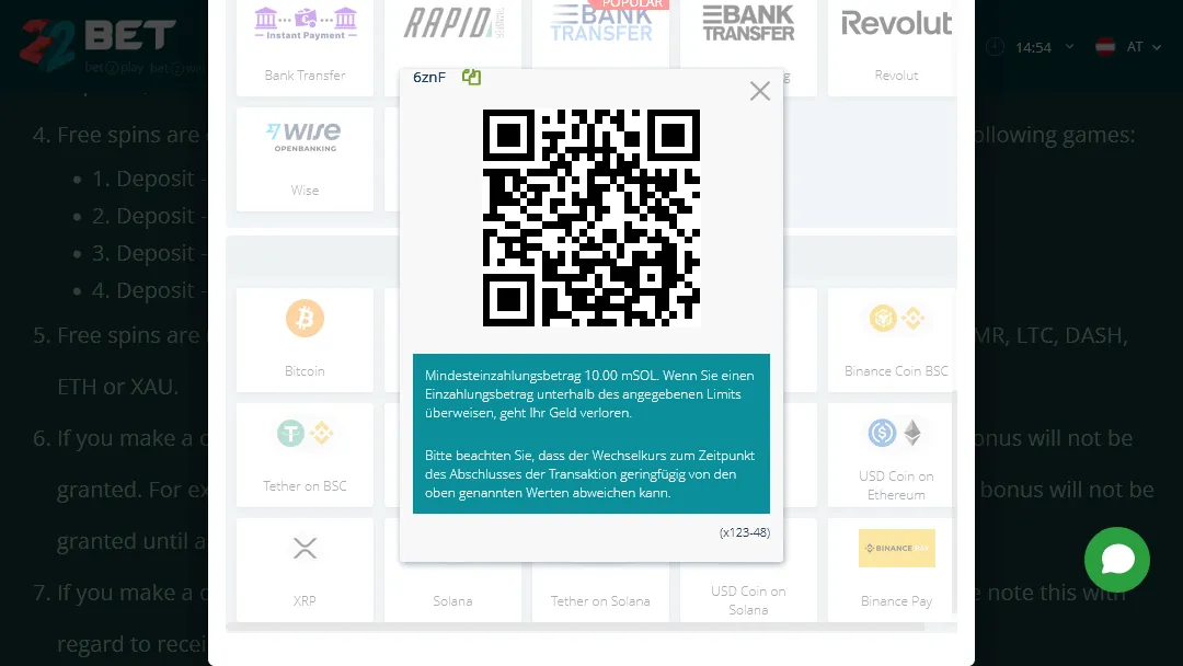 QR-Code für 10.00 mSOL Einzahlung bei 22BET Casino mit Warnhinweis