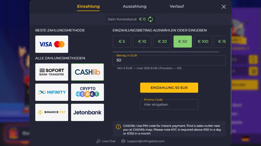 Online-Casino-Einzahlungsseite mit hervorgehobener Cashlib-Zahlungsmethode für schnelle und sichere Einzahlungen ohne Bankkonto.