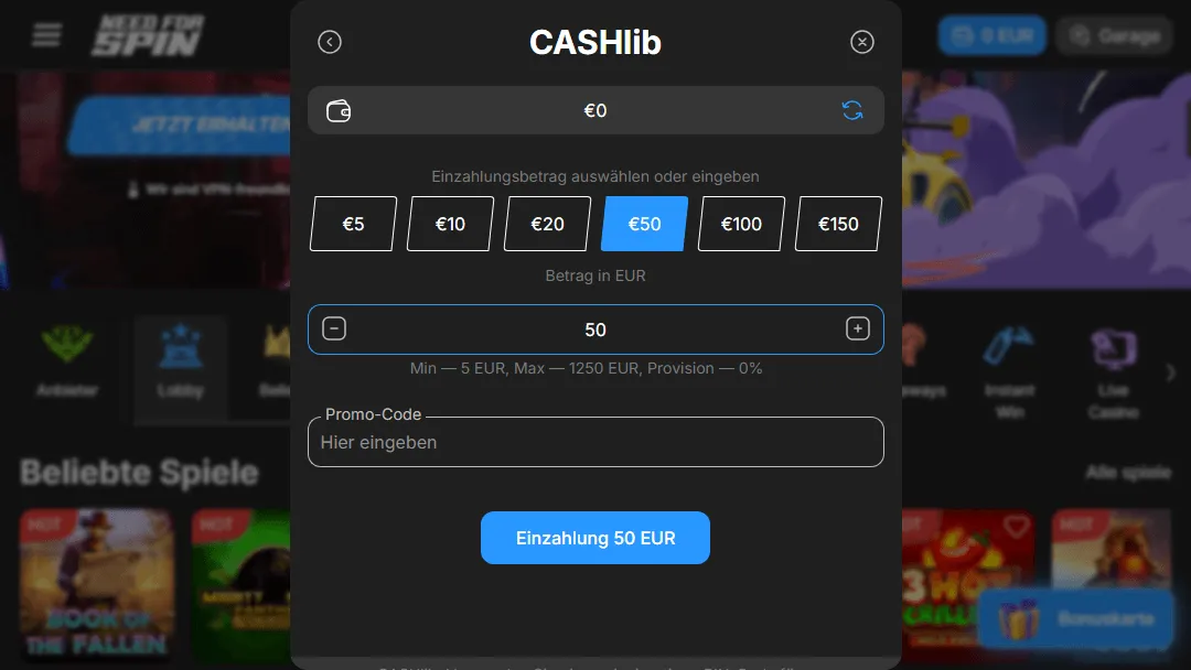 Cashlib Einzahlung bei Need for Spin Casino mit auswählbaren Beträgen zwischen 5 und 150 Euro