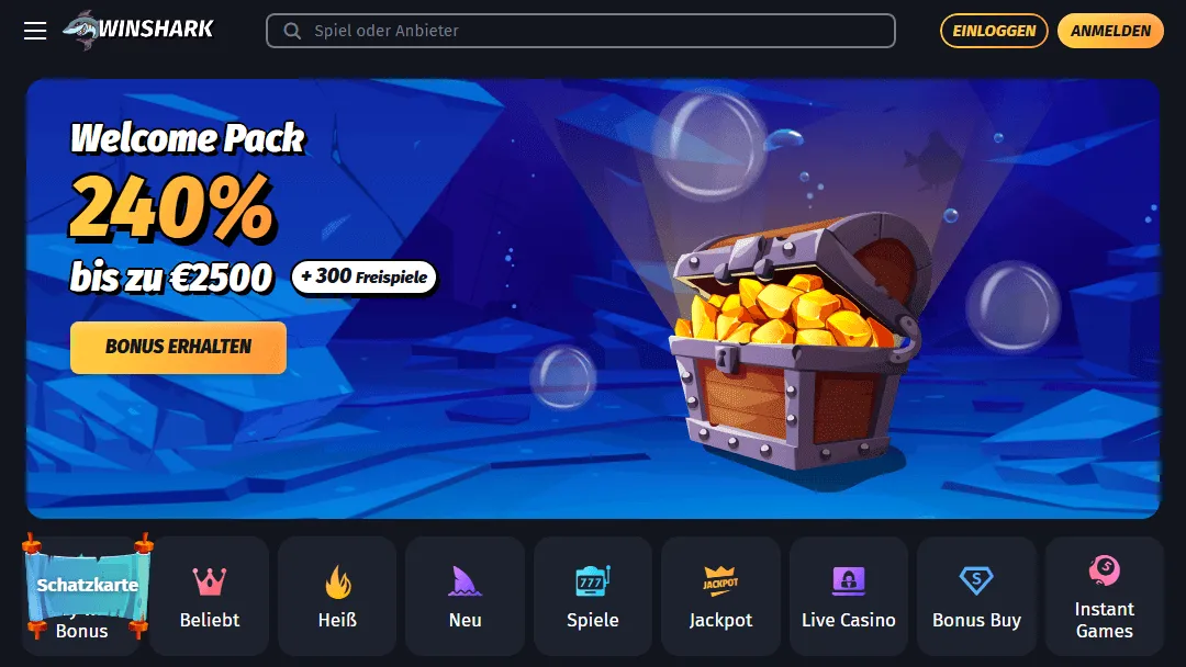 Promotionsbanner von WinShark Casino mit 240 % Willkommensbonus bis zu 2500 € und 300 Freispielen, mit animierter Unterwasserwelt und Schatztruhe voller Goldmünzen