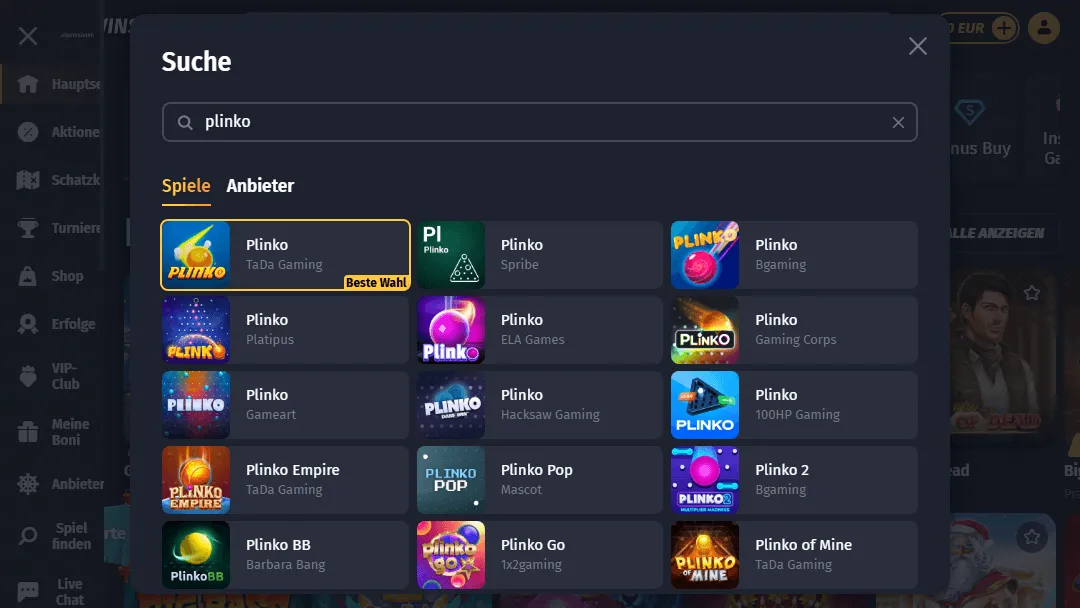 Suchergebnisse für "Plinko" im WinShark Casino mit verschiedenen Anbietern wie TaDa Gaming, Bgaming, Platipus, Hacksaw Gaming und weiteren
