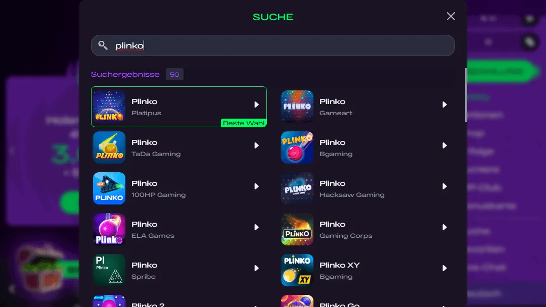 Suchergebnisse für Plinko bei GlitchSpin – verschiedene Anbieter und Versionen wie Platipus, TaDa Gaming, Bgaming, Spribe, Hacksaw und mehr