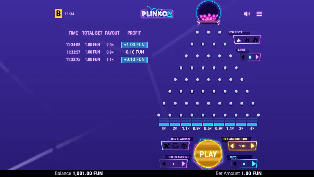 Plinko 2.0 Spielbildschirm mit Steckbrett, Auszahlungs-Multiplikatoren, Einsatzverlauf und gelbem PLAY-Button