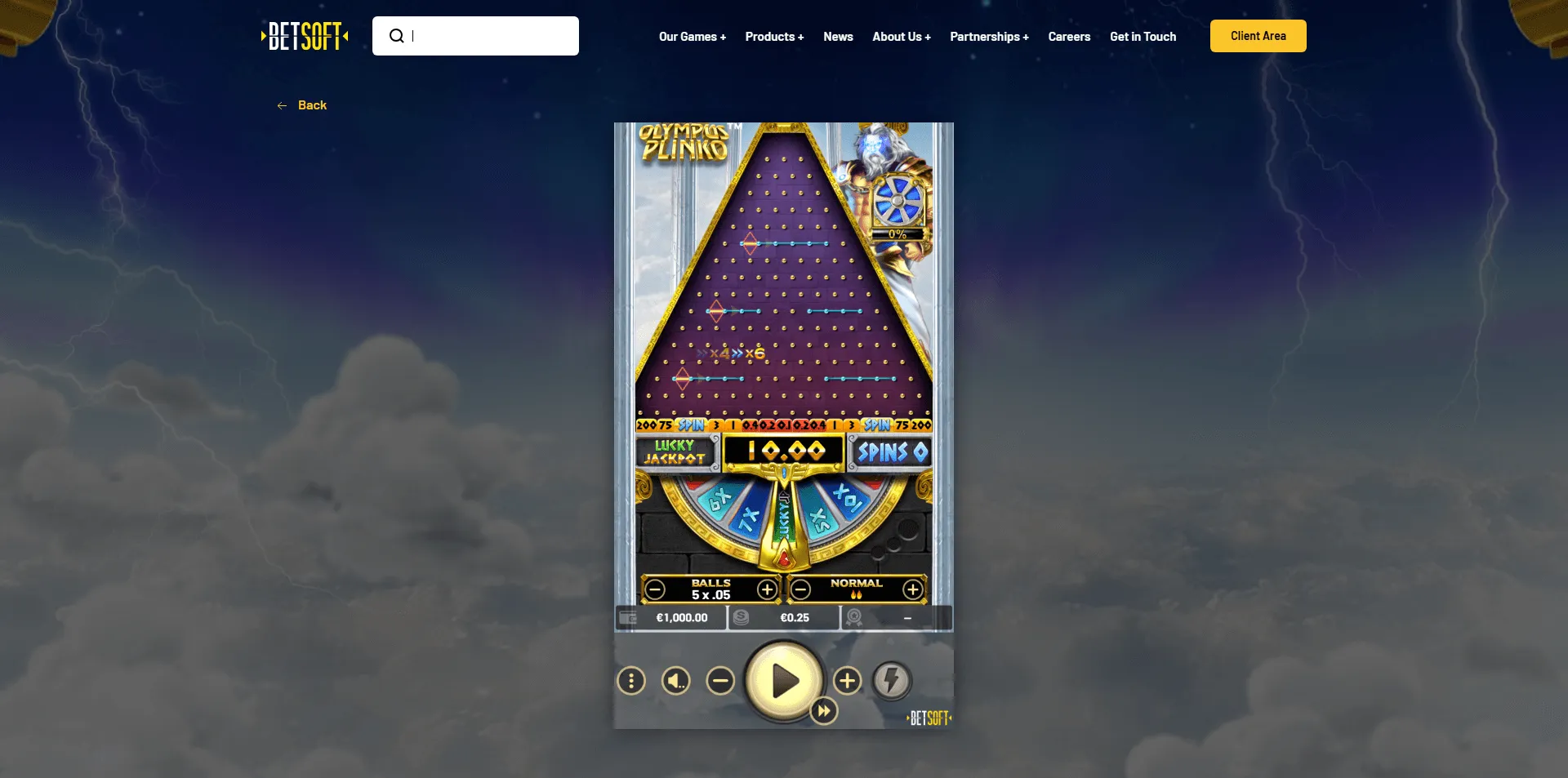 Olympus Plinko-Spiel von Betsoft mit Zeus-Thema, violettem Steckbrett, Jackpot-Rad, aktiven Multiplikatorfeldern und einer Starttaste unten im Zentrum