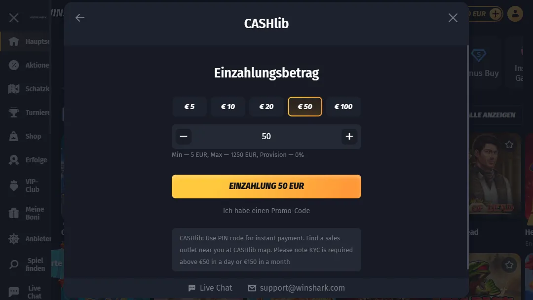 Cashlib Einzahlung bei WinShark Casino mit auswählbarem Betrag und 0 % Gebühr